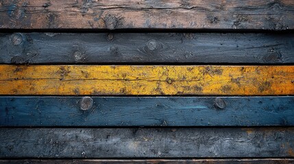 Close-up view of weathered wooden planks in horizontal stripes of dark blue, yellow, and brown.