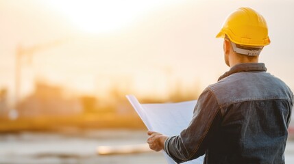 Construction worker reviewing plans at construction site during sunset