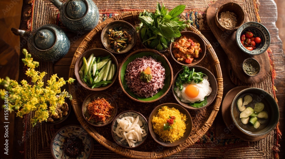 Poster An overhead view of  served with an assortment of Thai condiments and side dishes, creating a colorful and appetizing spread on a traditional Thai dining table.