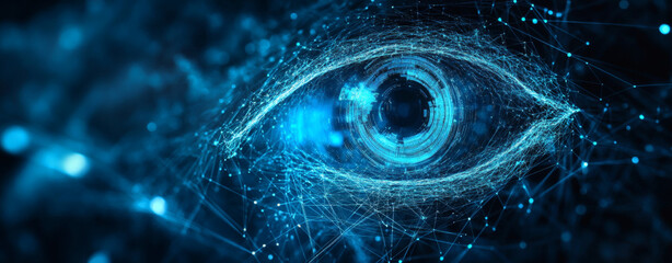 Abstract eye with encrypted data streams, biometric data protection, iris scan, technology privacy
