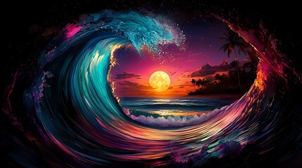 Vibrant Tropical Sunset Framed by a Massive Ocean Wave Artistic Digital Painting