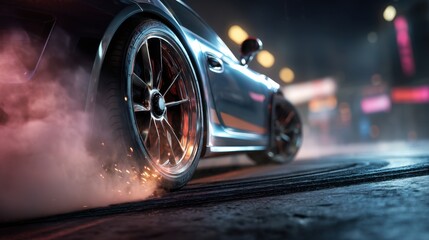 Close-up of a racing car's wheel during a dramatic high-speed drift.