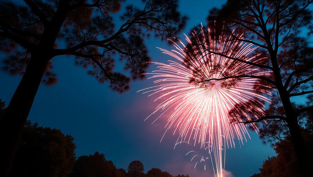 The dazzling pink fireworks lit up the dark night sky, surrounded by the silhouettes of tall trees adding to the dramatic effect. A magical moment of celebration that lasts in light and beauty.