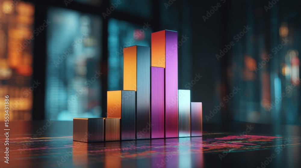 Poster A D bar chart with metallic, gradient bars rising from a financial graph, showing growth and progress, with a modern digital interface in the background