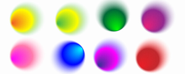 Set color circle gradient noise gradation. Abstract colorful watercolor blur mesh shape on white background. Gradient aura, grain neon blob with noise effect vector illustration.