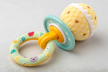 Close up of a colorful baby rattle toy on white