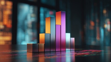 A D bar chart with metallic, gradient bars rising from a financial graph, showing growth and progress, with a modern digital interface in the background