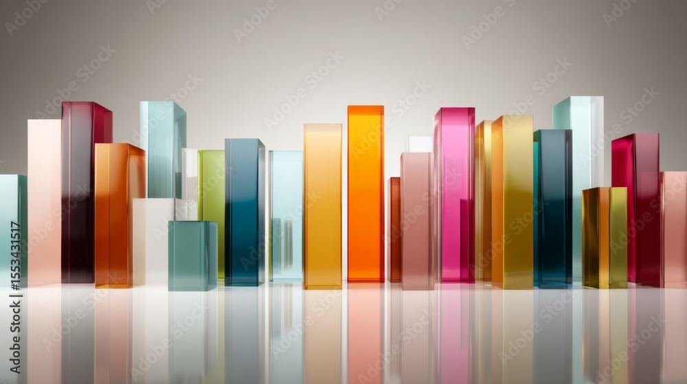 Poster A D bar graph with tall, glossy pillars in various colors rising from a reflective surface, symbolizing financial growth and performance analysis