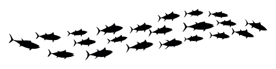 Group of tuna fish swimming in a smooth curved formation underwater. Stylized school of fish icon, ocean wildlife, marine ecosystem