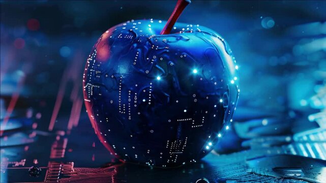 A futuristic apple with circuitry and digital elements.