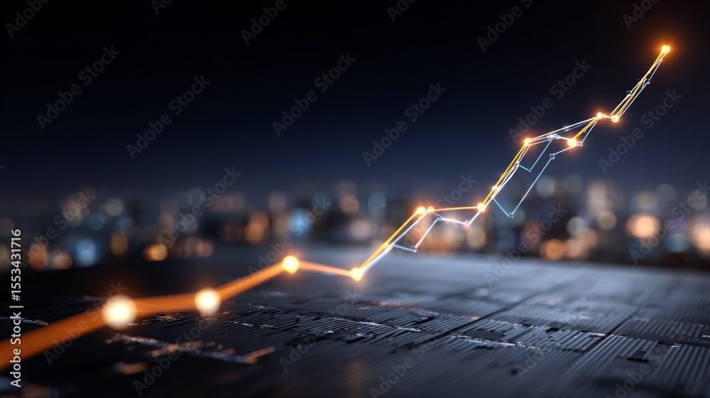 Aufkleber A D financial line graph with smooth, curving lines connecting glowing points, showing a steady upward trend against a dark digital landscape
