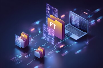 Futuristic File Transfer and Laptop.