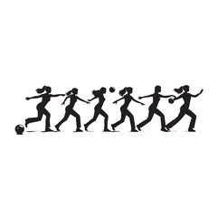 Obraz premium Group of women in silhouette playing bowling demonstrating the motion of rolling a bowling ball down the lane