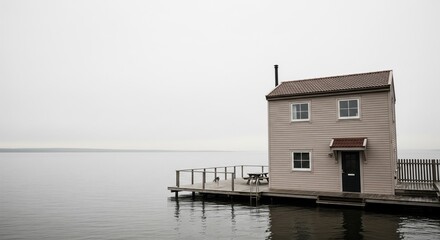 A charming small house on stilts stands over calm water, under a soft, overcast sky.
