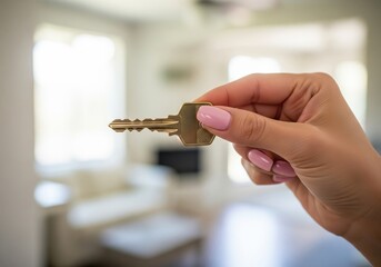 A hand with pink manicured nails holds a golden key, symbolizing new beginnings, home, or access.