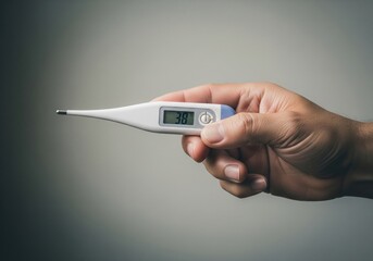A hand holds a white digital thermometer displaying a temperature, symbolizing health and illness monitoring.