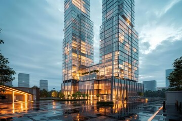 Obraz premium Modern Glass Skyscraper Illuminated at Dusk With Reflective Surroundings