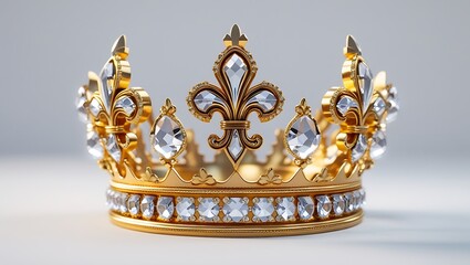 Golden Crown with Diamonds and Fleur-de- Lis on White Background