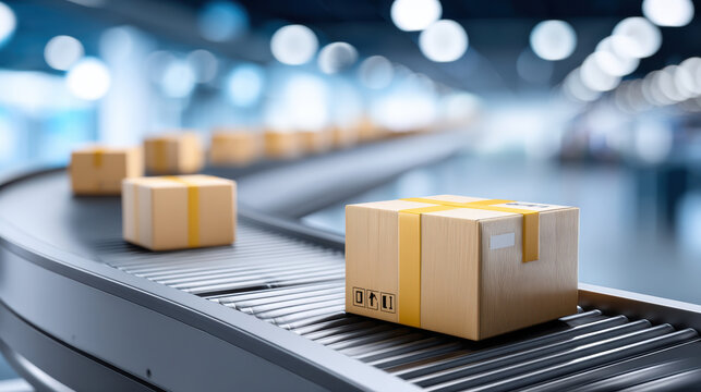 Logistics and storage solutions are shown with cardboard boxes moving on conveyor belt in modern warehouse environment