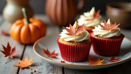 Delicious Autumn Cupcakes with Cream Cheese Frosting and Maple Leaf Garnish