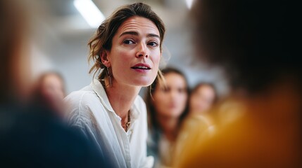 A thoughtful woman in a business meeting, wearing a white shirt, attentively listening in a modern office environment.