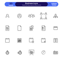 Business icons set, Teamwork icon set, document icons, schedule icons, calendar icons, stopwatch icons, planning icons, strategy icons, editable stroke icon set