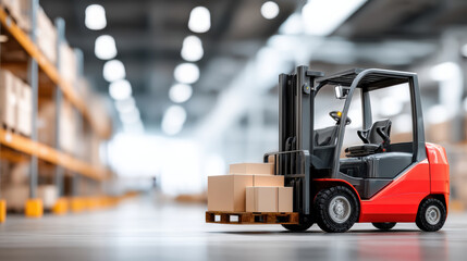 Naklejka premium Forklift carrying cardboard boxes on wooden pallet in warehouse logistics storage solutions for efficient handling and organization