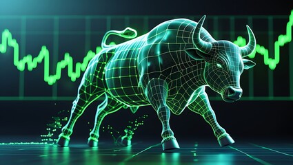 Glowing Green Bull with Stock Chart Background animal