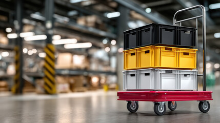 Plastic storage crates stacked red trolley warehouse logistics environment showing efficient storage solutions for organized handling and transport