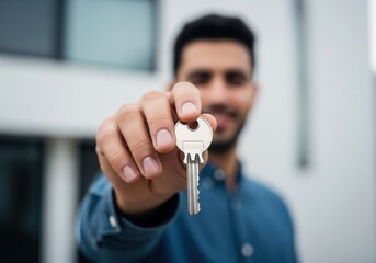A man's hand extends a silver house key, symbolizing homeownership, new beginnings, or real estate.