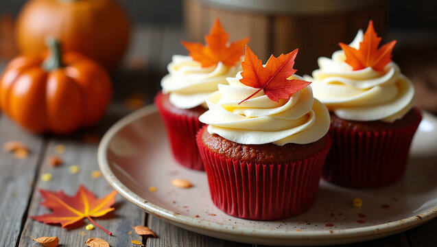 Delicious Autumn Cupcakes with Cream Cheese Frosting and Maple Leaf Garnish