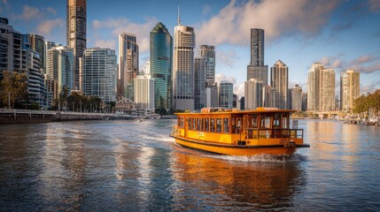 A captivating image of a river ferry crossing a body of water, with the city skyline in the background, representing a unique mode of urban transportation