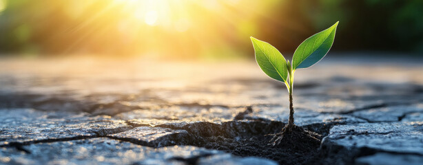 Young plant sprouting through cracked pavement, symbolizing resilience and growth
