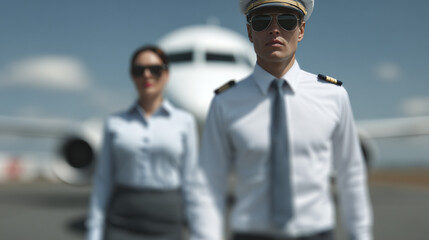 Pilot and flight attendants in front of airplane.