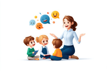 A teacher engaging three children in a lively storytelling session with expressive emoji speech bubbles above them.