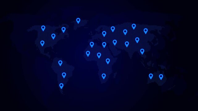 Electric Vehicles growth in the technology destination location World map concept. Motion graphics, animation, 4k A digital map of the world with pins or markers on various locations , - Powered by Adobe