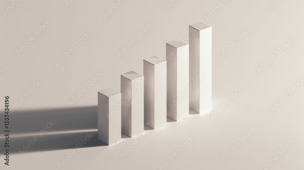 Poster A clean and minimalist D bar chart with tall, evenly spaced bars, cast shadows on a subtle gradient background, emphasizing clarity and precision in financial data.