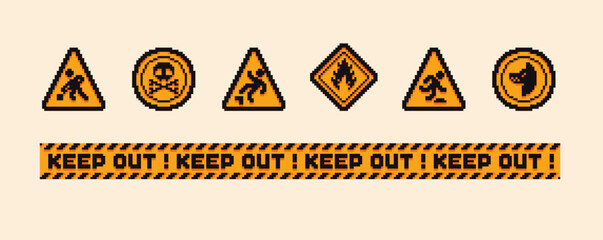 Set of the danger and attention signs, pixel icons. 8 bit pixel button set. Collection isolated vector illustrations