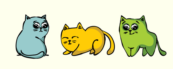 Set of cute vector cat sticker, lovely cat and friendly doodle in different poses . Adorable funny pet characters hand drawn collection for T-shirt,sticker, print, pet shop.