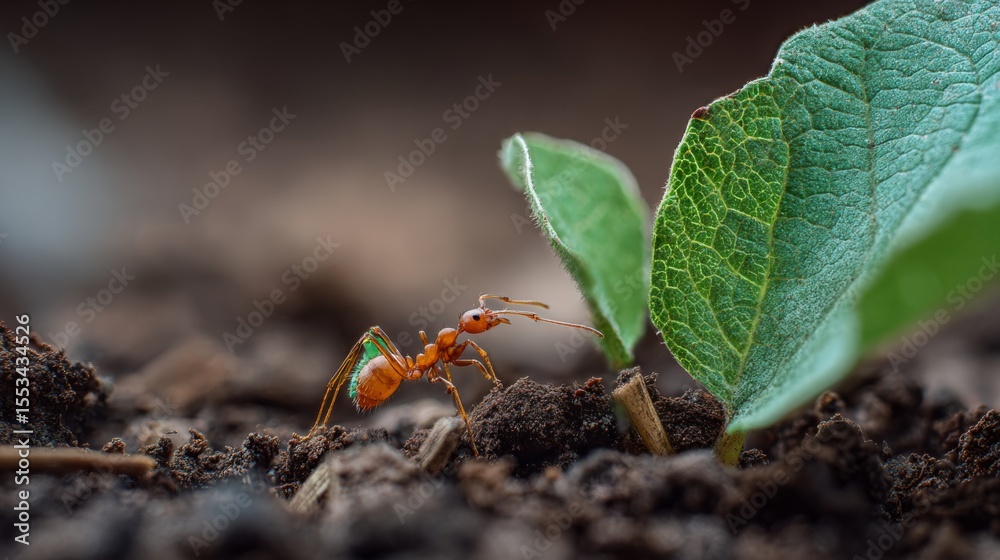 Poster A close-up of an ant lifting a small piece of leaf and walking across the surface, with the texture of the leaf and soil in the background