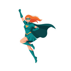 Flat Color Illustration of a Female Superhero in Dynamic Action Pose with Flowing Orange Hair, Teal Costume, and Billowing Cape © Purnomo