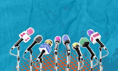 Trendy halftone art collage. Microphones of different media isolated on blue background. Press conference or interview concept
