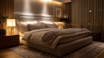 A beautifully decorated modern bedroom with a large, comfortable bed, plush pillows, and soft, ambient lighting, creating a cozy and inviting atmosphere.