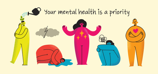 Take care of your body, take care of your health and mind. Increase awareness of mental health. Mental Health Awareness Month. Control, Prevention campaign and protection.