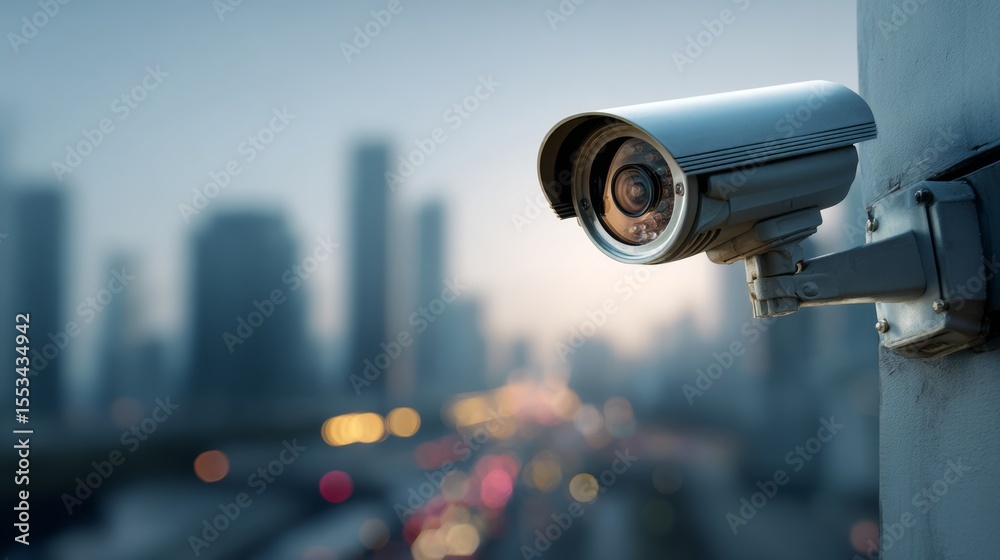 Poster a close-up of a bullet-style cctv camera mounted on a building, with a blurred background of the cit