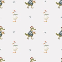 Charming winter pattern featuring playful animals in a seamless watercolor design