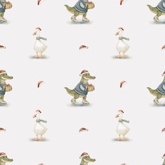 Festive watercolor textile pattern featuring animals with holiday attire for various uses