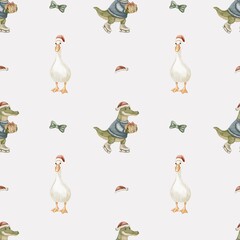 Unique watercolor pattern featuring winter animals in festive attire for textile design