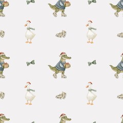 Charming watercolor pattern of playful animals in winter outfits for fabric and wrapping