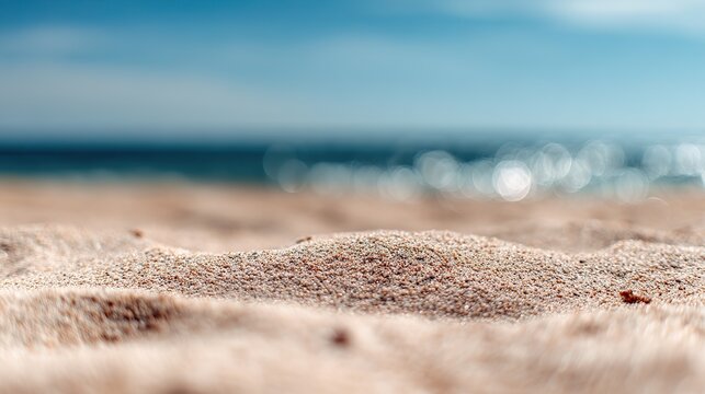 Empty sandy beach with bokeh background, blue sky and distant ocean. Smooth sand with fine particles visible, perfect for text or product presentations, capturing the essence of the summer sea.